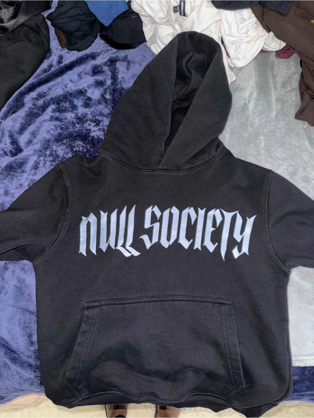 Society Black Crewneck Hoodie with White Gothic Logo